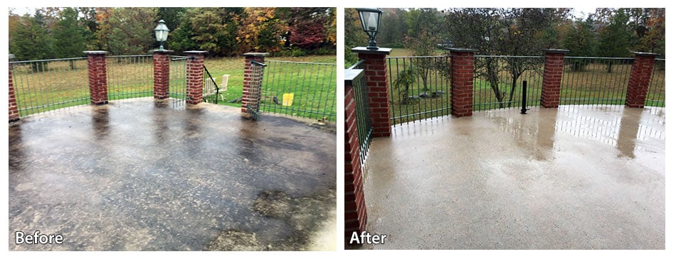 elevated patio surface before and after pressure washing